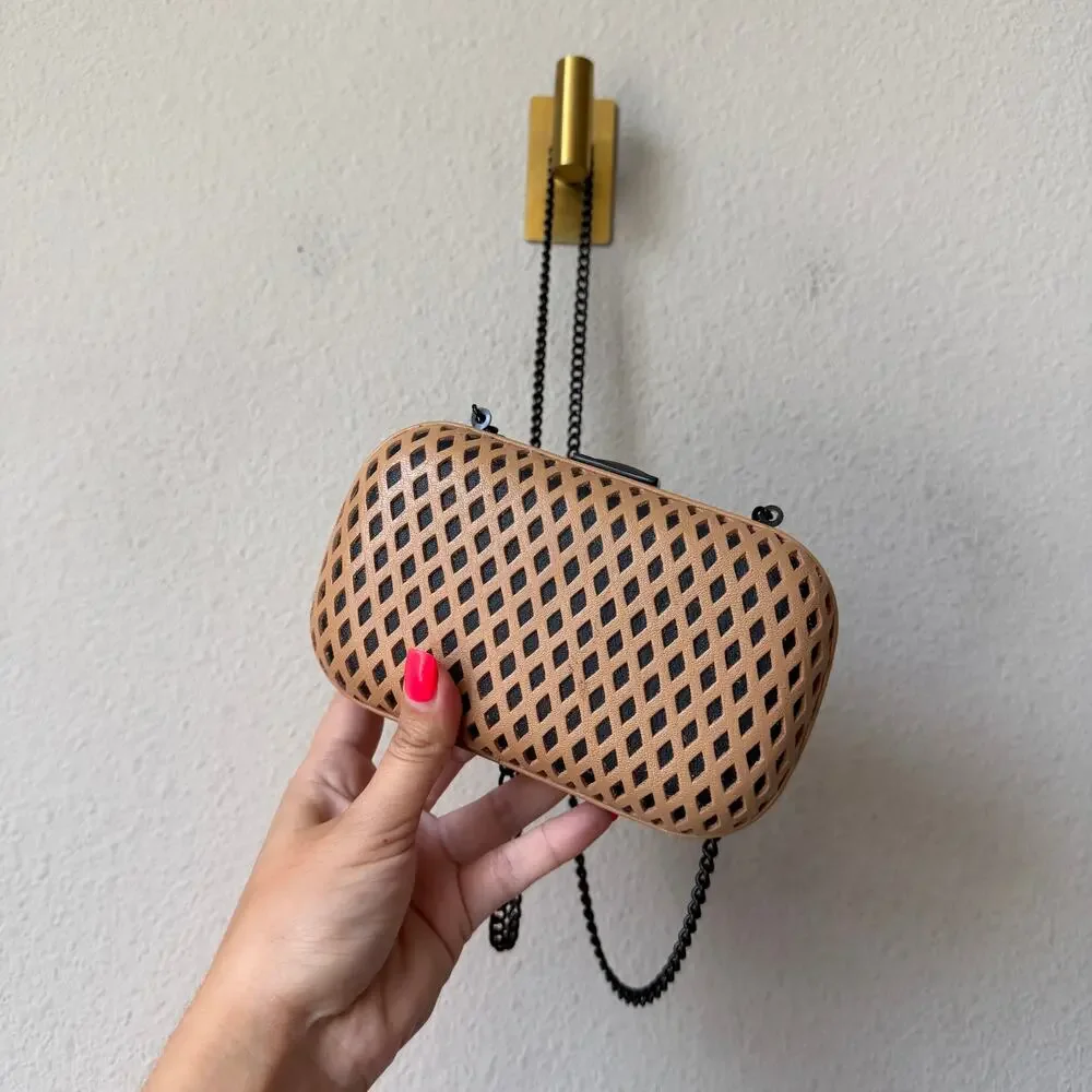 Loeffler Randall Laser Cut Leather Minaudière Clutch in Camel Black